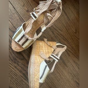 Sam Edelman ankle tie wedges wicker beaded sandals